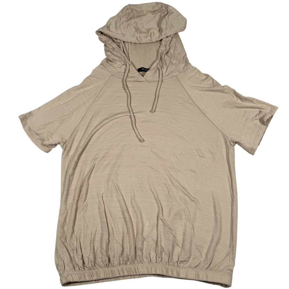COIN 1804 Shirt Womens Small Beige Hooded Short‎ Sleeve Elastic Hem Lightweight
